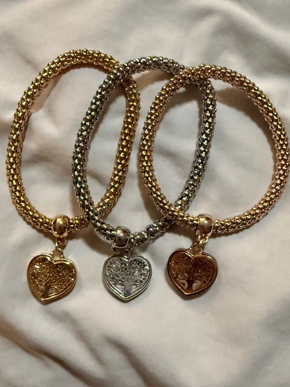 Lot of 3 Gold & Silver Tone Metal Bead Chain Heart Tree of Life Charm Bracelets